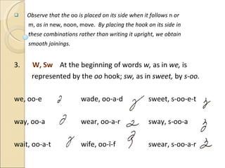 Observe that the  oo  is placed on its side when it follows  n  or m,  as in  new, noon, move.  By placing the hook on its side in  these combinations rather than writing it upright, we obtain  smooth joinings. 3.  W, Sw  At the beginning of words  w,  as in  we,  is  represented by the  oo  hook;  sw,  as in  sweet,  by  s-oo. we, oo-e wade, oo-a-d sweet, s-oo-e-t way, oo-a wear, oo-a-r sway, s-oo-a wait, oo-a-t wife, oo- ī-f swear, s-oo-a-r 