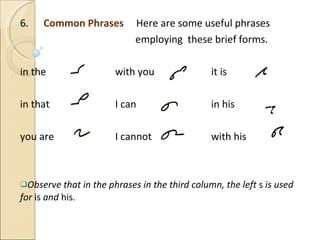6.  Common Phrases  Here are some useful phrases  employing  these brief forms. in the with you it is in that I can in his you are I cannot with his Observe that in the phrases in the third column, the left  s  is used for  is  and  his. 