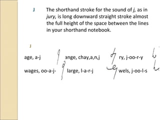 J  The shorthand stroke for the sound of  j,  as in    jury,  is long downward straight stroke almost    the full height of the space between the lines   in your shorthand notebook. J age, a-j  change, chay,a,n,j  jury, j-oo-r-y wages, oo-a-j-s  large, l-a-r-j  jewels, j-oo-l-s 