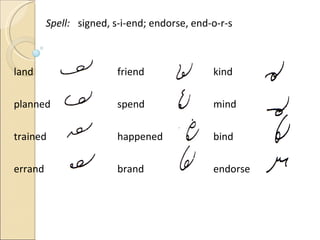 Spell: signed, s-i-end; endorse, end-o-r-s land   friend   kind planned   spend   mind trained   happened   bind errand   brand   endorse 