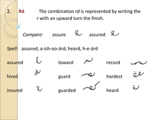 2 .    Rd   The combination  rd  is represented by writing the  r  with an upward turn the finish. Compare:  assure     assured Spell:  assured, a-ish-oo-ärd; heard, h-e-ärd assured     toward   record hired    guard   hardest insured   guarded   heard 