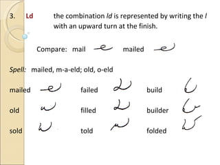 3.   Ld  the combination  ld  is represented by writing the  l with an upward turn at the finish.   Compare:  mail   mailed Spell:   mailed, m-a-eld; old, o-eld mailed   failed   build old   filled   builder sold   told   folded 
