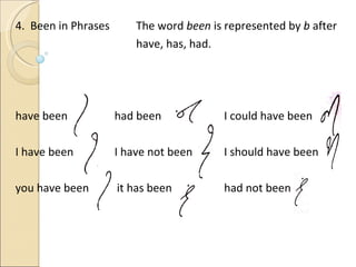 4.  Been in Phrases   The word  been  is represented by  b  after   have, has, had. have been   had been   I could have been  I have been   I have not been   I should have been you have been  it has been   had not been 