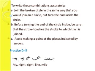 To write these combinations accurately:
a. Join the broken circle in the same way that you
would join an a circle, but turn the end inside the
circle.
b. Before turning the end of the circle inside, be sure
that the stroke touches the stroke to which the l is
joined.
c. Avoid making a point at the places indicated by
arrows.
Practice Drill
My, night, sight, line, mile
 