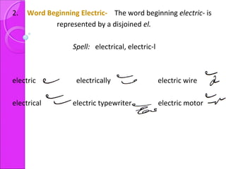 2. Word Beginning Electric- The word beginning electric- is
represented by a disjoined el.
Spell: electrical, electric-l
electric electrically electric wire
electrical electric typewriter electric motor
 