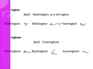 - ington
Spell: Washington, w-a-ish-ington
Washington Wilmington Harrington
- ingham
Spell: Framingham
Framingham Buckingham Cunningham
 