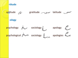 -titude
aptitude gratitude latitude
-ology
psychology sociology apology
psychological sociology apologies
 