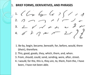 1. BRIEF FORMS, DERIVATIVES, AND PHRASES
1.
2.
3.
4.
1. Be-by, begin, became, beneath, for, before, would, there
(their), therefore.
2. This, good, goods, they, which, them, and, when.
3. From, should, could, send, sending, were, after, street.
4. I would, for the, this is, they are, to, them, from the, I have
been, I have not been able.
 