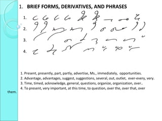 1. BRIEF FORMS, DERIVATIVES, AND PHRASES
1.
2.
3.
4.
1. Present, presently, part, partly, advertise, Ms., immediately, opportunities.
2. Advantage, advantages, suggest, suggestions, several, out, outlet, ever-every, very.
3. Time, timed, acknowledge, general, questions, organize, organization, over..
4. To present, very important, at this time, to question, over the, over that, over
them.
 