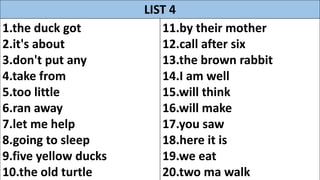 LIST 4
1.the duck got
2.it's about
3.don't put any
4.take from
5.too little
6.ran away
7.let me help
8.going to sleep
9.five yellow ducks
10.the old turtle
11.by their mother
12.call after six
13.the brown rabbit
14.I am well
15.will think
16.will make
17.you saw
18.here it is
19.we eat
20.two ma walk
 