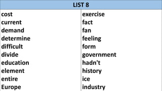 LIST 8
cost
current
demand
determine
difficult
divide
education
element
entire
Europe
exercise
fact
fan
feeling
form
government
hadn't
history
ice
industry
 