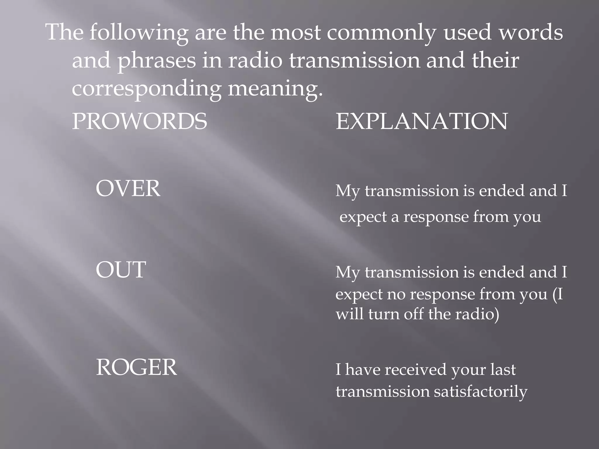 The following are the most commonly used words and phrases in radio transmission and their corresponding meaning.	PROWORDS			EXPLANATION		OVER			My transmission is ended and I						 expect a response from you	OUT				My transmission is ended and I 					expect no response from you (I 					will turn off the radio)ROGER			I have received your last 					transmission satisfactorily
