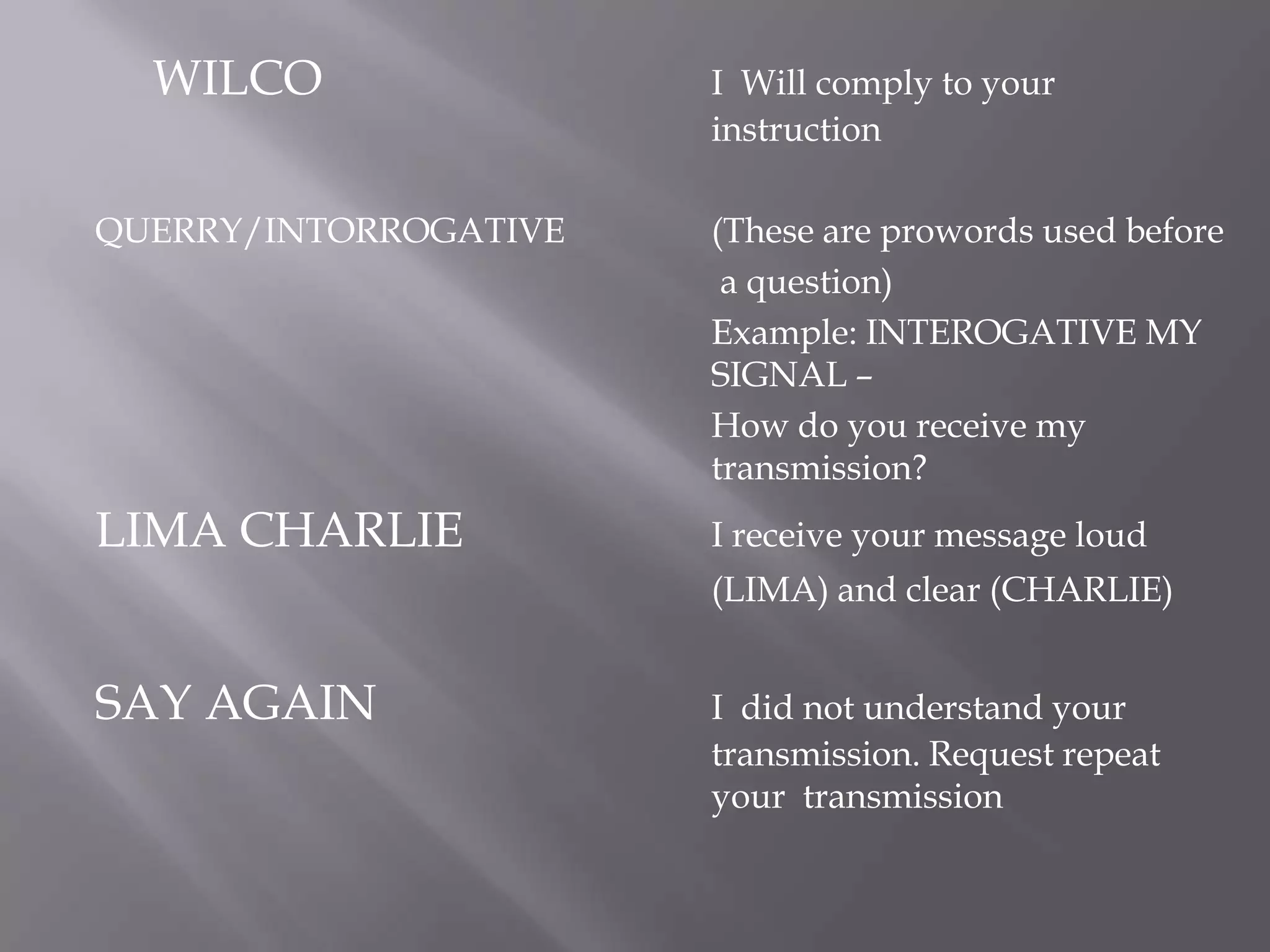 	WILCO				I  Will comply to your 							instructionQUERRY/INTORROGATIVE		(These are prowords used before						 a question) 						Example: INTEROGATIVE MY 						SIGNAL –						How do you receive my 						transmission?LIMA CHARLIE		I receive your message loud						(LIMA) and clear (CHARLIE)SAY AGAIN			I  did not understand your 						transmission. Request repeat 						your  transmission 