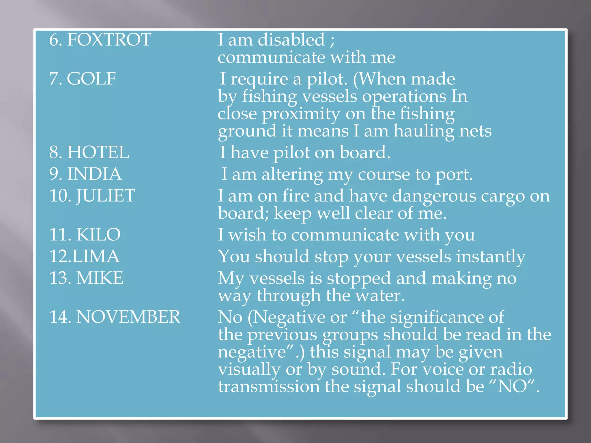 6. FOXTROT		I am disabled ; 						communicate with me 7. GOLF                       I require a pilot. (When made 				by fishing vessels operations In 				close proximity on the fishing 				ground it means I am hauling nets 8. HOTEL                    I have pilot on board.9. INDIA                      I am altering my course to port. 10. JULIET 		I am on fire and have dangerous cargo on 			board; keep well clear of me.11. KILO		I wish to communicate with you12.LIMA		You should stop your vessels instantly13. MIKE 		My vessels is stopped and making no 			way through the water.14. NOVEMBER	No (Negative or “the significance of 				the previous groups should be read in the 			negative”.) this signal may be given 				visually or by sound. For voice or radio 			transmission the signal should be “NO“.