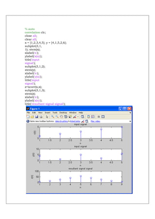 % auto
correlation clc;
close all;
clear all;
x = [1,2,3,4,5]; y = [4,1,5,2,6];
subplot(3,1,
1); stem(x);
xlabel('n');
ylabel('x(n)');
title('input
signal');
subplot(3,1,2);
stem(y);
xlabel('n');
ylabel('y(n)');
title('input
signal');
z=xcorr(x,x);
subplot(3,1,3);
stem(z);
xlabel('n');
ylabel('z(n)');
title('resultant signal signal');
 