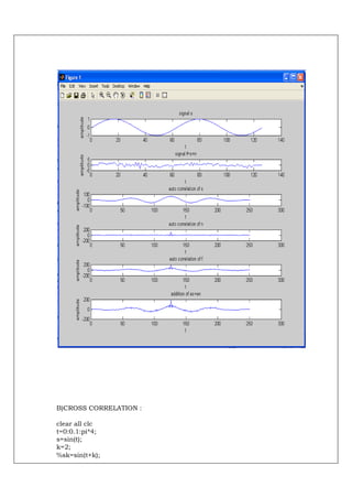 B)CROSS CORRELATION :

clear all clc
t=0:0.1:pi*4;
s=sin(t);
k=2;
%sk=sin(t+k);
 