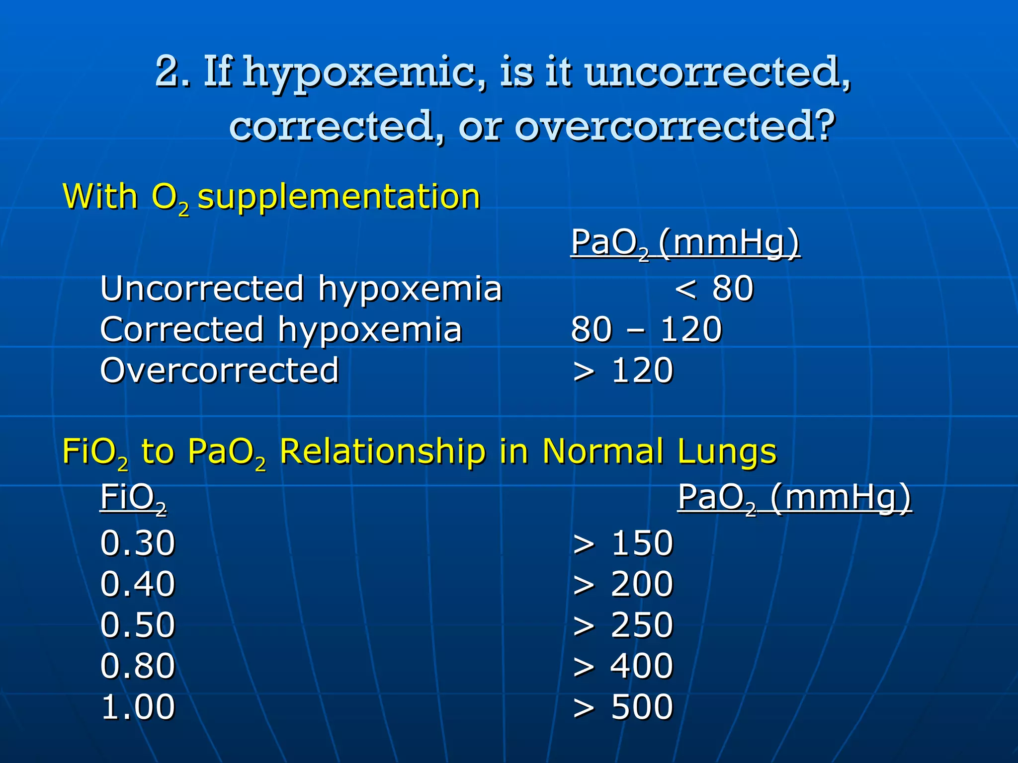2. If hypoxemic, is it uncorrected,    corrected, or overcorrected? With O 2  supplementation PaO 2  (mmHg) Uncorrected hypoxemia < 80 Corrected hypoxemia 80 – 120 Overcorrected > 120 FiO 2  to PaO 2  Relationship in Normal Lungs FiO 2   PaO 2  (mmHg) 0.30 > 150 0.40 > 200 0.50 > 250 0.80 > 400 1.00 > 500 