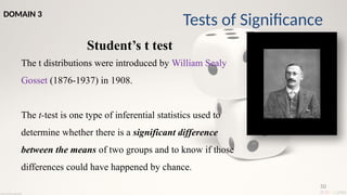 50
Student’s t test
The t distributions were introduced by William Sealy
Gosset (1876-1937) in 1908.
The t-test is one type of inferential statistics used to
determine whether there is a significant difference
between the means of two groups and to know if those
differences could have happened by chance.
Tests of Significance
DOMAIN 3
 