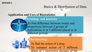6
Application and Uses of Biostatistics
Physiology and anatomy
• To find difference between means and
proportions between 2 groups of
populations or at 2 different places or in
different periods
Pharmacology
• To find the action of a drug
• To compare action of 2 different
drugs or 2 successive dosages of the
Basics & Distribution of Data
DOMAIN 1
 