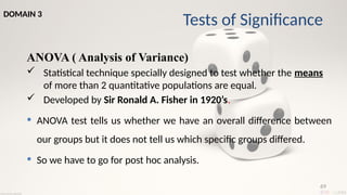 69
ANOVA ( Analysis of Variance)
 Statistical technique specially designed to test whether the means
of more than 2 quantitative populations are equal.
 Developed by Sir Ronald A. Fisher in 1920’s.
 ANOVA test tells us whether we have an overall difference between
our groups but it does not tell us which specific groups differed.
 So we have to go for post hoc analysis.
Tests of Significance
DOMAIN 3
 