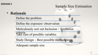 84
• Rationale
Sample Size Estimation
Define the problem
Define the exposure/ observation
Meticulously sort out Inclusion / Exclusion
criteria
Take care of possible variables
Study Design – Best possible methodology
Adequate sample size
DOMAIN 4
 