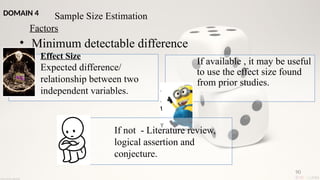 90
• Minimum detectable difference
Effect Size
Expected difference/
relationship between two
independent variables.
If available , it may be useful
to use the effect size found
from prior studies.
If not - Literature review,
logical assertion and
conjecture.
Sample Size Estimation
Factors
DOMAIN 4
 