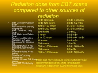 Radiation dose from EBT scans compared to other sources of radiation   EBT Coronary Calcium Scan Non-invasive Coronary Angiogram EBT Low-dose Lung Scan EBT Abdominal/Pelvis Scan Background Sunshine Radiation in 1 year Cross country airplane trip Standard Chest X-ray Standard Abdominal X-ray Standard Spine X-ray series Standard Coronary Angiogram Standard Lower G.I. X-ray series Spiral CT Whole body scan 50 to 70 mrem 80 to 120 mrem 100 to 150 mrem 100 to 300 mrem 300 mrem 2 mrem 8 to 10 mrem 48 mrem 300 mrem 500 to 1000 mrem 600 mrem 600 to 1000 mrem 0.5 to 0.70 mSv 0.8 to 1.2 mSv 0.75 to 1.5 mSv 0.75 to 3.0 mSv 3.0 mSv 0.02 mSv 0.08 to 0.1 mSv 0.48 mSv 3.0 mSv 6.0 to 10.0 mSv 6.0 mSv 6.0 to 10.0 mSv Mrem and mSv exposure varies with body size. Recommended safety limits for radiation exposure is less than 5,000 mrem per year. 