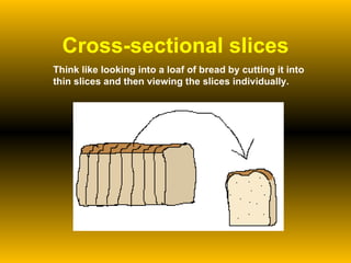 Cross-sectional slices Think like looking into a loaf of bread by cutting it into thin slices and then viewing the slices individually. 