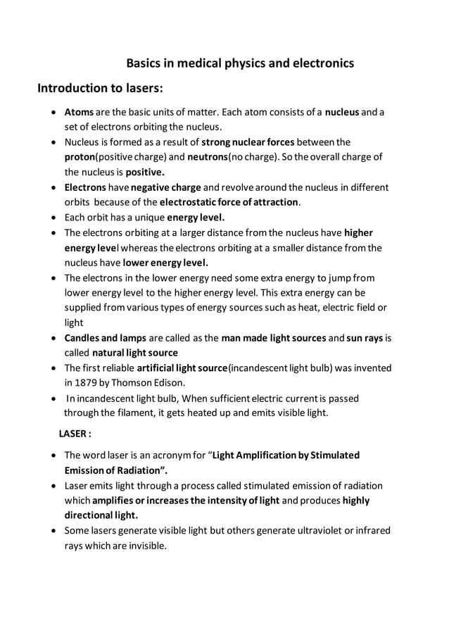 LASERS, CHARACTERISTICS, STIMULATED ABSORPTION, SPONTANEOUS EMISSION