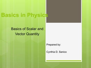 Basics in Physics
Basics of Scalar and
Vector Quantity
Prepared by:
Cynthia D. Sanico
 