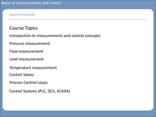 Main title
Write title here
Write Discussion here
Basics of Instrumentation and Control
Course Topics
Introduction to measurements and control concepts
Pressure measurement
Flow measurement
Level measurement
Temperature measurement
Control Valves
Process Control Loops
Control Systems (PLC, DCS, SCADA)
Course Contents
 