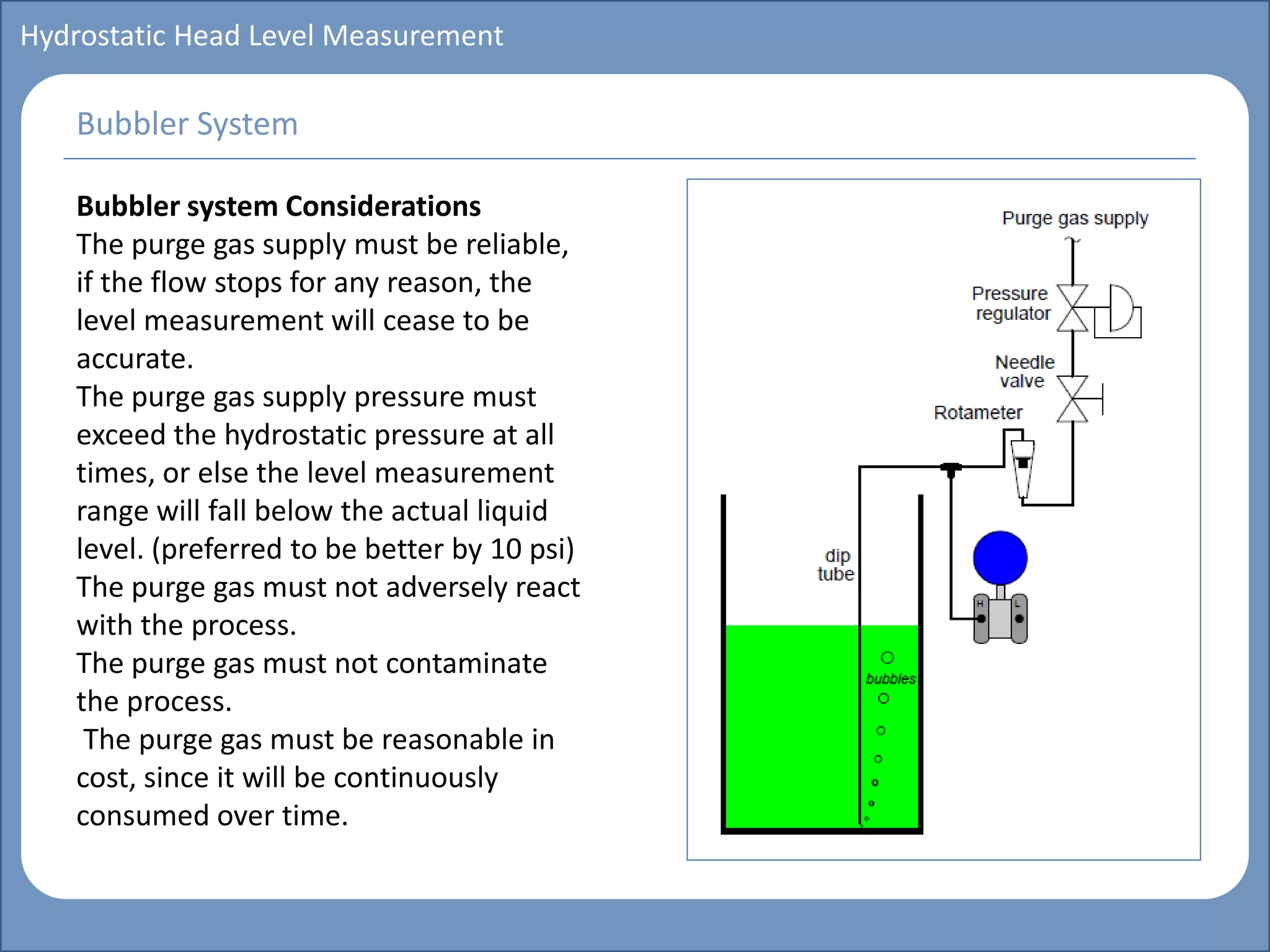 Main title
Write Discussion here
Write title here
Basics of Instrumentation and Control
Course Topics
Introduction to measurements and control concepts
Pressure measurement
Flow measurement
Level measurement
Temperature measurement
Control Valves
Process Control Loops
Control Systems (PLC, DCS, SCADA)
Course Contents
Hydrostatic Head Level Measurement
Bubbler system Considerations
The purge gas supply must be reliable,
if the flow stops for any reason, the
level measurement will cease to be
accurate.
The purge gas supply pressure must
exceed the hydrostatic pressure at all
times, or else the level measurement
range will fall below the actual liquid
level. (preferred to be better by 10 psi)
The purge gas must not adversely react
with the process.
The purge gas must not contaminate
the process.
The purge gas must be reasonable in
cost, since it will be continuously
consumed over time.
Bubbler System
 