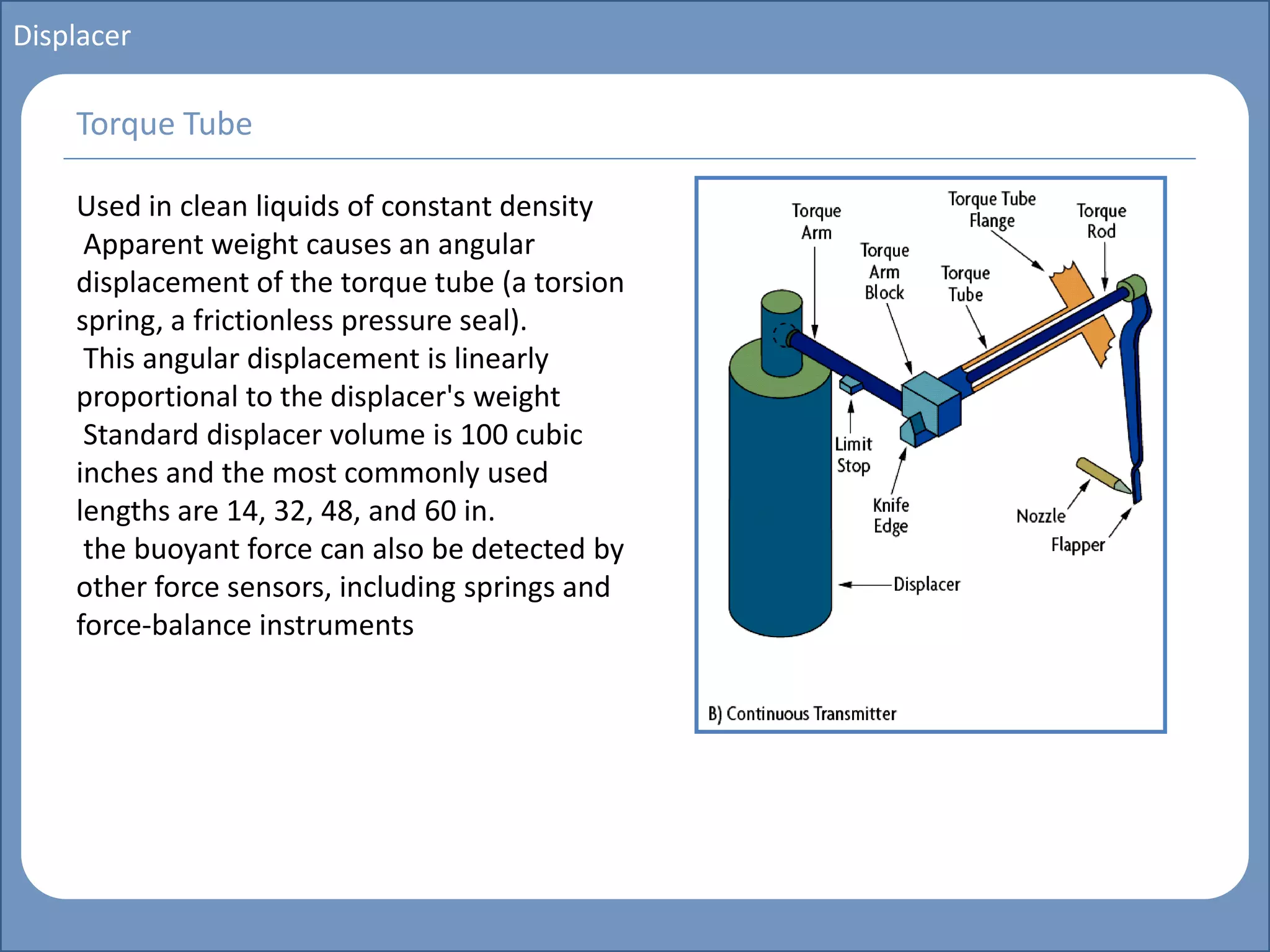 Main title
Write Discussion here
Write title here
Basics of Instrumentation and Control
Course Topics
Introduction to measurements and control concepts
Pressure measurement
Flow measurement
Level measurement
Temperature measurement
Control Valves
Process Control Loops
Control Systems (PLC, DCS, SCADA)
Course Contents
Displacer
Used in clean liquids of constant density
Apparent weight causes an angular
displacement of the torque tube (a torsion
spring, a frictionless pressure seal).
This angular displacement is linearly
proportional to the displacer's weight
Standard displacer volume is 100 cubic
inches and the most commonly used
lengths are 14, 32, 48, and 60 in.
the buoyant force can also be detected by
other force sensors, including springs and
force-balance instruments
Torque Tube
 