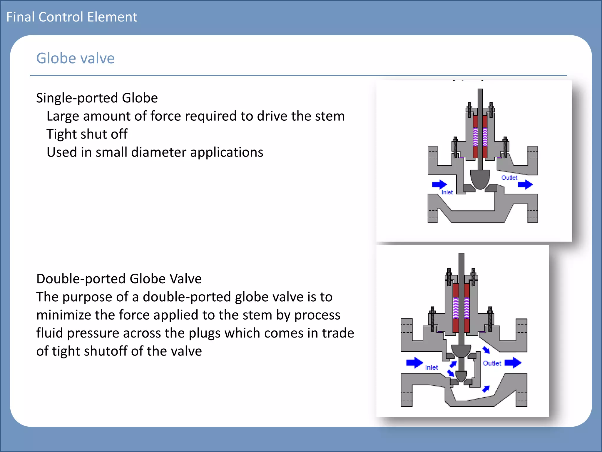 Main title
Write Discussion here
Write title here
Basics of Instrumentation and Control
Course Topics
Introduction to measurements and control concepts
Pressure measurement
Flow measurement
Level measurement
Temperature measurement
Control Valves
Process Control Loops
Control Systems (PLC, DCS, SCADA)
Course Contents
Final Control Element
Single-ported Globe
Large amount of force required to drive the stem
Tight shut off
Used in small diameter applications
Double-ported Globe Valve
The purpose of a double-ported globe valve is to
minimize the force applied to the stem by process
fluid pressure across the plugs which comes in trade
of tight shutoff of the valve
Globe valve
 
