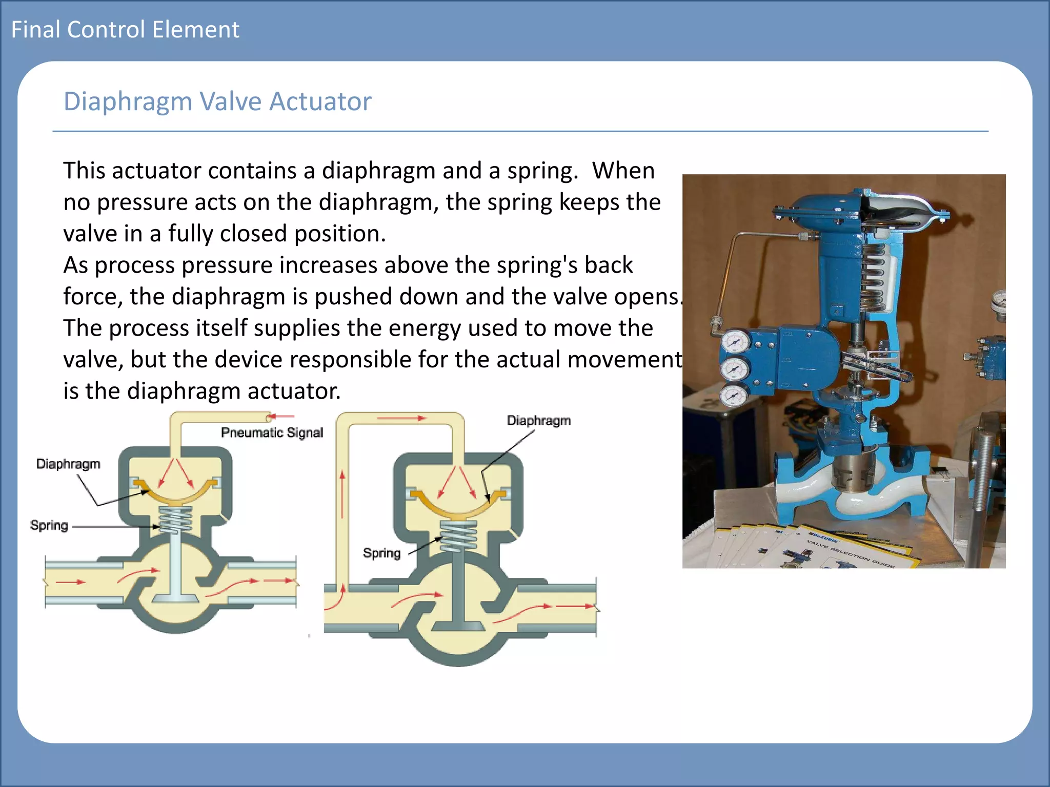 Main title
Write Discussion here
Write title here
Basics of Instrumentation and Control
Course Topics
Introduction to measurements and control concepts
Pressure measurement
Flow measurement
Level measurement
Temperature measurement
Control Valves
Process Control Loops
Control Systems (PLC, DCS, SCADA)
Course Contents
Final Control Element
This actuator contains a diaphragm and a spring. When
no pressure acts on the diaphragm, the spring keeps the
valve in a fully closed position.
As process pressure increases above the spring's back
force, the diaphragm is pushed down and the valve opens.
The process itself supplies the energy used to move the
valve, but the device responsible for the actual movement
is the diaphragm actuator.
Diaphragm Valve Actuator
 