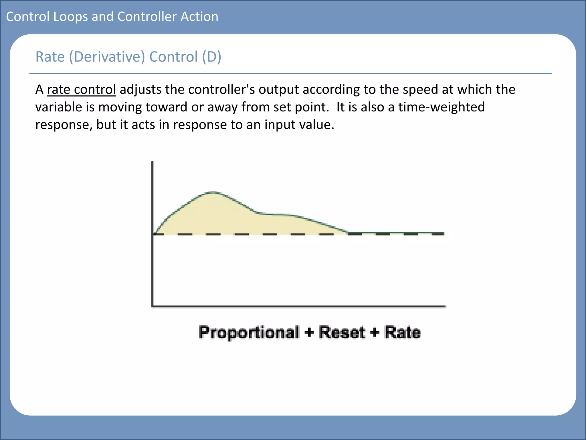 Main title
Write Discussion here
Write title here
Basics of Instrumentation and Control
Course Topics
Introduction to measurements and control concepts
Pressure measurement
Flow measurement
Level measurement
Temperature measurement
Control Valves
Process Control Loops
Control Systems (PLC, DCS, SCADA)
Course Contents
Control Loops and Controller Action
A rate control adjusts the controller's output according to the speed at which the
variable is moving toward or away from set point. It is also a time-weighted
response, but it acts in response to an input value.
Rate (Derivative) Control (D)
 