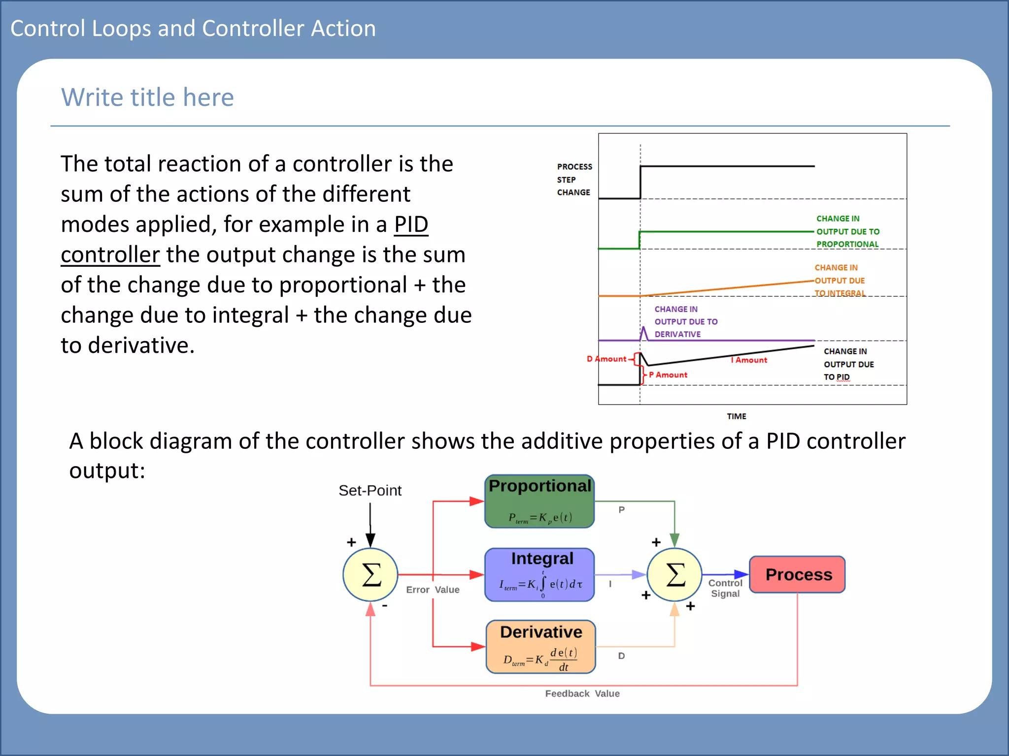 Main title
Write Discussion here
Write title here
Basics of Instrumentation and Control
Course Topics
Introduction to measurements and control concepts
Pressure measurement
Flow measurement
Level measurement
Temperature measurement
Control Valves
Process Control Loops
Control Systems (PLC, DCS, SCADA)
Course Contents
Control Loops and Controller Action
The total reaction of a controller is the
sum of the actions of the different
modes applied, for example in a PID
controller the output change is the sum
of the change due to proportional + the
change due to integral + the change due
to derivative.
Write title here
A block diagram of the controller shows the additive properties of a PID controller
output:
 