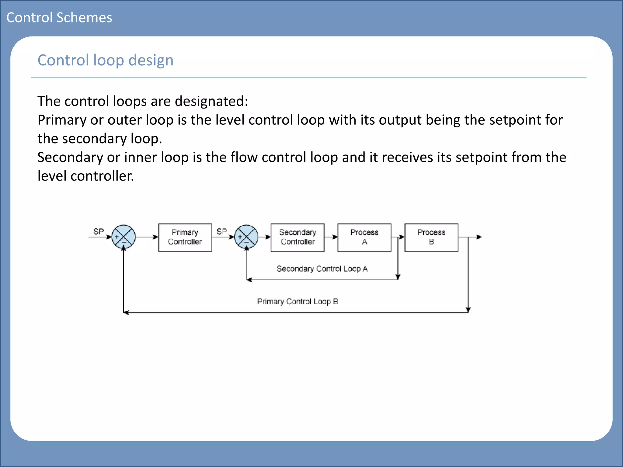 Main title
Write Discussion here
Write title here
Basics of Instrumentation and Control
Course Topics
Introduction to measurements and control concepts
Pressure measurement
Flow measurement
Level measurement
Temperature measurement
Control Valves
Process Control Loops
Control Systems (PLC, DCS, SCADA)
Course Contents
Control Schemes
The control loops are designated:
Primary or outer loop is the level control loop with its output being the setpoint for
the secondary loop.
Secondary or inner loop is the flow control loop and it receives its setpoint from the
level controller.
Control loop design
 