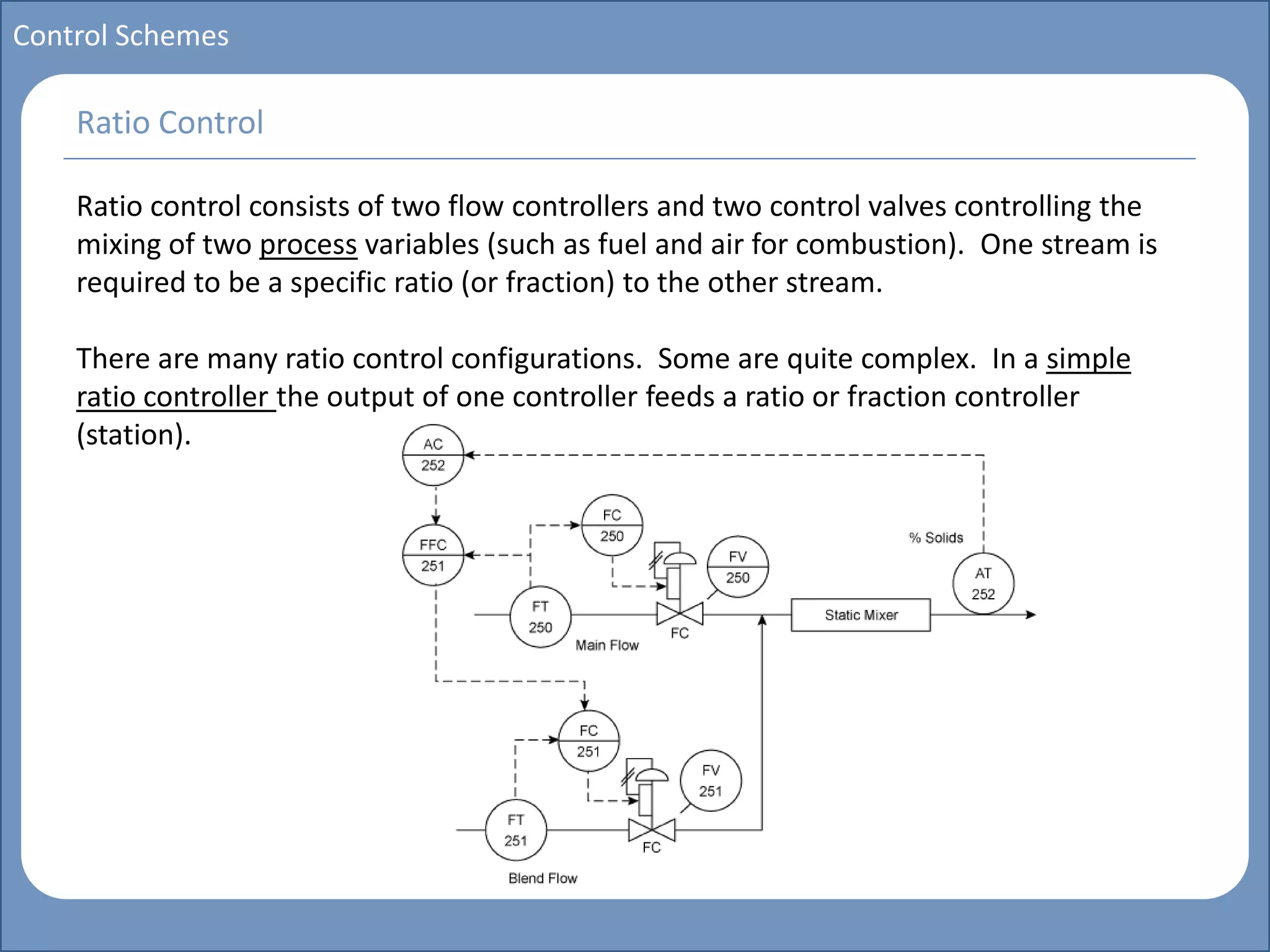 Main title
Write Discussion here
Write title here
Basics of Instrumentation and Control
Course Topics
Introduction to measurements and control concepts
Pressure measurement
Flow measurement
Level measurement
Temperature measurement
Control Valves
Process Control Loops
Control Systems (PLC, DCS, SCADA)
Course Contents
Control Schemes
Ratio control consists of two flow controllers and two control valves controlling the
mixing of two process variables (such as fuel and air for combustion). One stream is
required to be a specific ratio (or fraction) to the other stream.
There are many ratio control configurations. Some are quite complex. In a simple
ratio controller the output of one controller feeds a ratio or fraction controller
(station).
Ratio Control
 