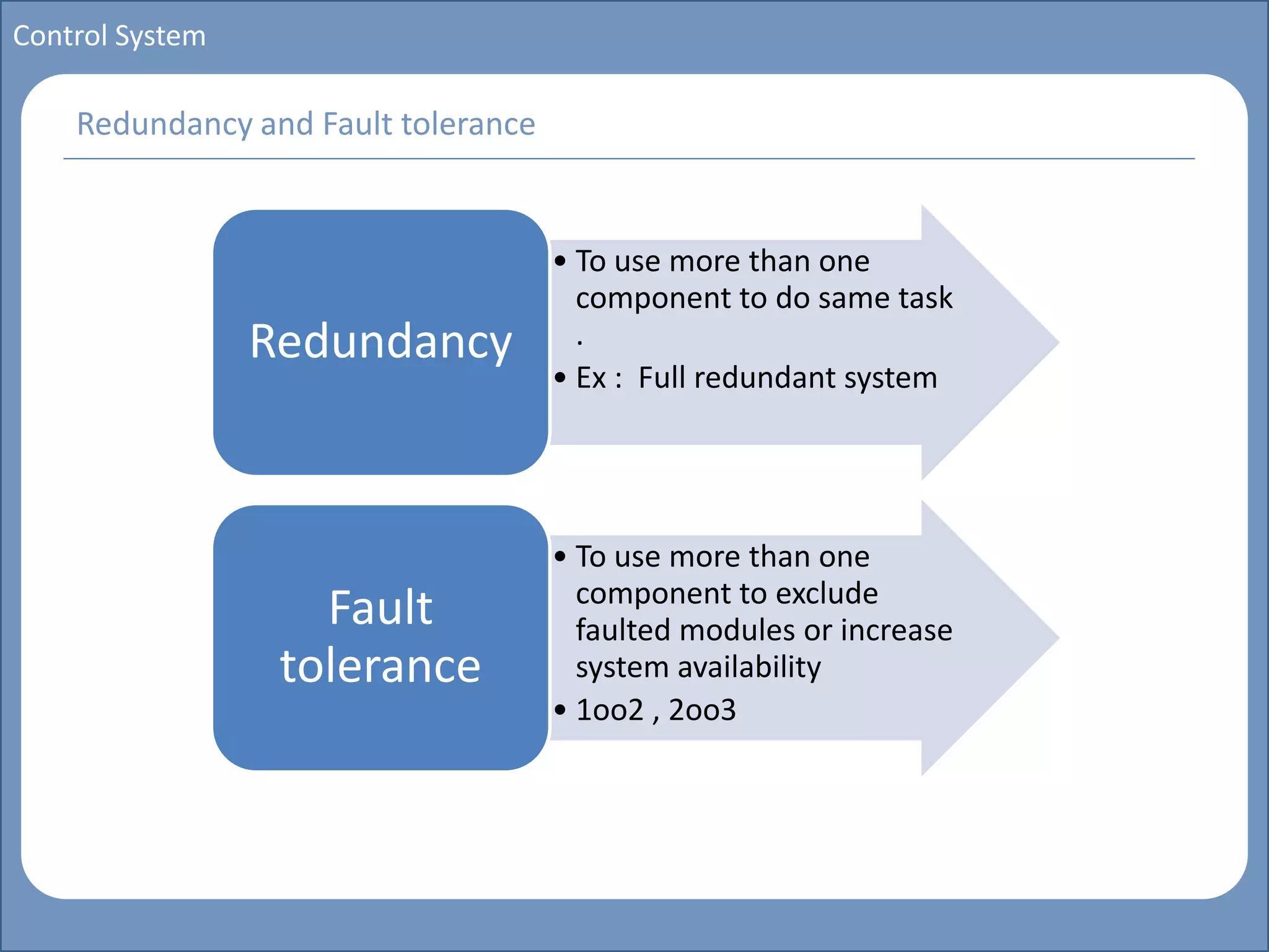 Main title
Write Discussion here
Write title here
Basics of Instrumentation and Control
Course Topics
Introduction to measurements and control concepts
Pressure measurement
Flow measurement
Level measurement
Temperature measurement
Control Valves
Process Control Loops
Control Systems (PLC, DCS, SCADA)
Course Contents
Control System
Redundancy and Fault tolerance
• To use more than one
component to do same task
.
• Ex : Full redundant system
Redundancy
• To use more than one
component to exclude
faulted modules or increase
system availability
• 1oo2 , 2oo3
Fault
tolerance
 
