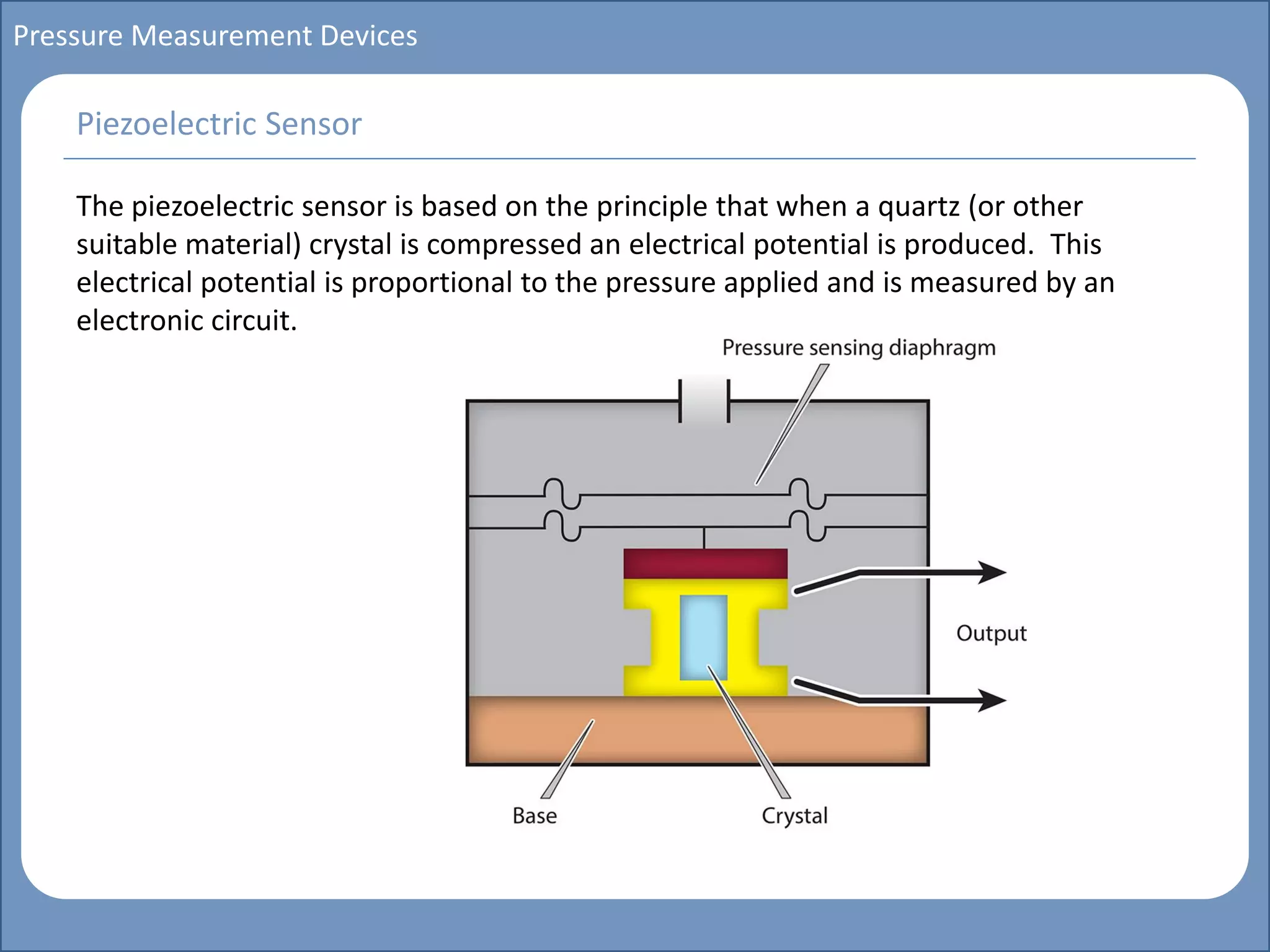 Main title
Write Discussion here
Write title here
Basics of Instrumentation and Control
Course Topics
Introduction to measurements and control concepts
Pressure measurement
Flow measurement
Level measurement
Temperature measurement
Control Valves
Process Control Loops
Control Systems (PLC, DCS, SCADA)
Course Contents
Pressure Measurement Devices
The piezoelectric sensor is based on the principle that when a quartz (or other
suitable material) crystal is compressed an electrical potential is produced. This
electrical potential is proportional to the pressure applied and is measured by an
electronic circuit.
Piezoelectric Sensor
 