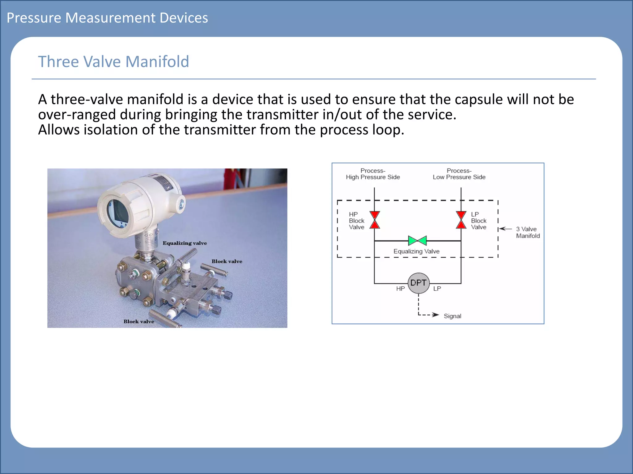 Main title
Write Discussion here
Write title here
Basics of Instrumentation and Control
Course Topics
Introduction to measurements and control concepts
Pressure measurement
Flow measurement
Level measurement
Temperature measurement
Control Valves
Process Control Loops
Control Systems (PLC, DCS, SCADA)
Course Contents
Pressure Measurement Devices
A three-valve manifold is a device that is used to ensure that the capsule will not be
over-ranged during bringing the transmitter in/out of the service.
Allows isolation of the transmitter from the process loop.
Three Valve Manifold
 
