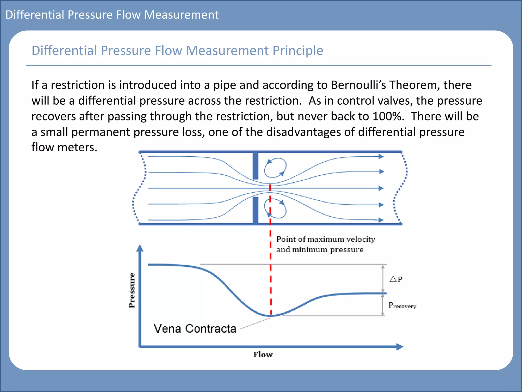 Main title
Write Discussion here
Write title here
Basics of Instrumentation and Control
Course Topics
Introduction to measurements and control concepts
Pressure measurement
Flow measurement
Level measurement
Temperature measurement
Control Valves
Process Control Loops
Control Systems (PLC, DCS, SCADA)
Course Contents
Differential Pressure Flow Measurement
If a restriction is introduced into a pipe and according to Bernoulli’s Theorem, there
will be a differential pressure across the restriction. As in control valves, the pressure
recovers after passing through the restriction, but never back to 100%. There will be
a small permanent pressure loss, one of the disadvantages of differential pressure
flow meters.
Differential Pressure Flow Measurement Principle
 