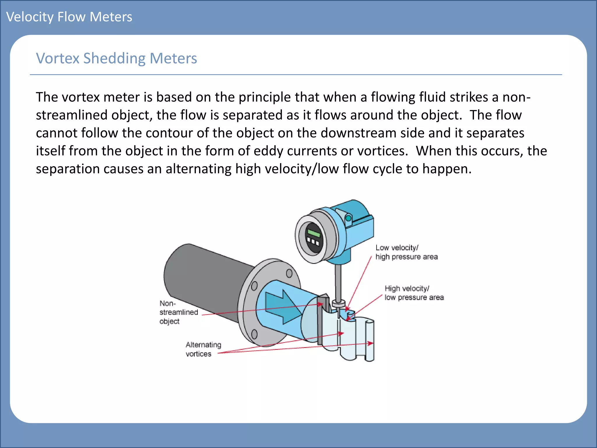 Main title
Write Discussion here
Write title here
Basics of Instrumentation and Control
Course Topics
Introduction to measurements and control concepts
Pressure measurement
Flow measurement
Level measurement
Temperature measurement
Control Valves
Process Control Loops
Control Systems (PLC, DCS, SCADA)
Course Contents
Velocity Flow Meters
The vortex meter is based on the principle that when a flowing fluid strikes a non-
streamlined object, the flow is separated as it flows around the object. The flow
cannot follow the contour of the object on the downstream side and it separates
itself from the object in the form of eddy currents or vortices. When this occurs, the
separation causes an alternating high velocity/low flow cycle to happen.
Vortex Shedding Meters
 
