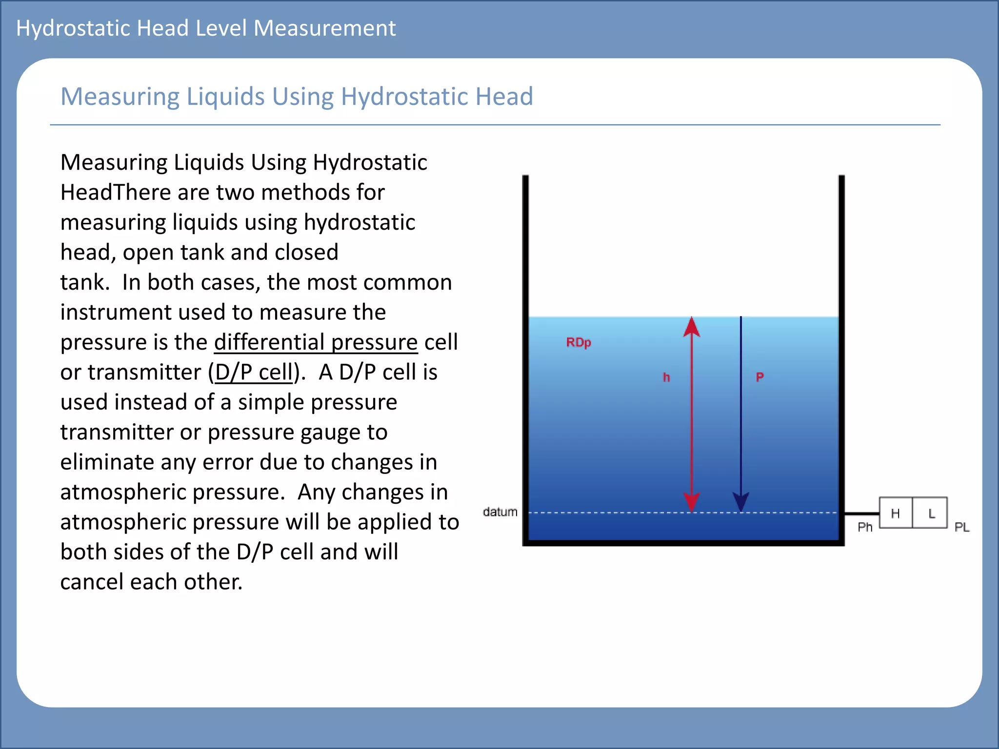 Main title
Write Discussion here
Write title here
Basics of Instrumentation and Control
Course Topics
Introduction to measurements and control concepts
Pressure measurement
Flow measurement
Level measurement
Temperature measurement
Control Valves
Process Control Loops
Control Systems (PLC, DCS, SCADA)
Course Contents
Hydrostatic Head Level Measurement
Measuring Liquids Using Hydrostatic
HeadThere are two methods for
measuring liquids using hydrostatic
head, open tank and closed
tank. In both cases, the most common
instrument used to measure the
pressure is the differential pressure cell
or transmitter (D/P cell). A D/P cell is
used instead of a simple pressure
transmitter or pressure gauge to
eliminate any error due to changes in
atmospheric pressure. Any changes in
atmospheric pressure will be applied to
both sides of the D/P cell and will
cancel each other.
Measuring Liquids Using Hydrostatic Head
 