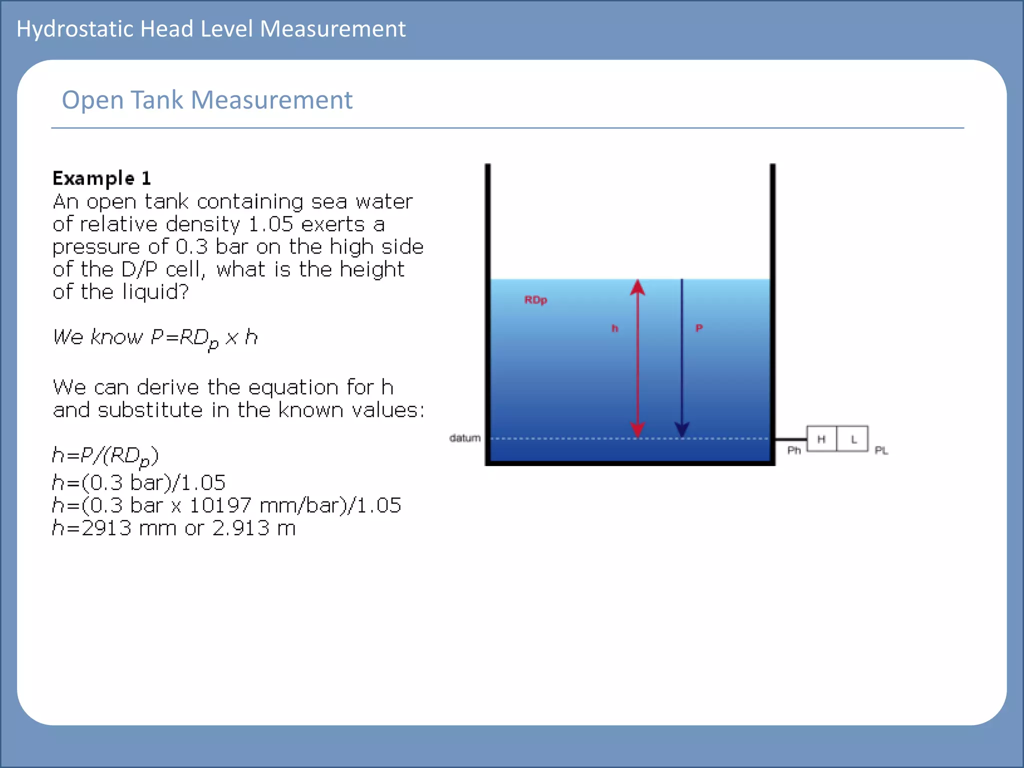 Main title
Write Discussion here
Write title here
Basics of Instrumentation and Control
Course Topics
Introduction to measurements and control concepts
Pressure measurement
Flow measurement
Level measurement
Temperature measurement
Control Valves
Process Control Loops
Control Systems (PLC, DCS, SCADA)
Course Contents
Hydrostatic Head Level Measurement
Open Tank Measurement
 