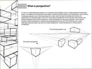 -
I
What is perspective?
In order to create believable sketches, it's imperative that a designer has an understanding of perspective
theory. An audience will instinctively know when a sketch has been drawn 'out of perspective', even without
knowing perspective rules. Correct perspective is also vital to be able to estimate and convey the
proportions of a sketches object. There are many types of perspective-forms. But the most common are
2point-perspective and 3-point perspective. 3 point perspective is the exact translation of the real-life
situation. 2point perspective is mostly used by designers because with this method we can create
believable sketches faster than with the 3-point perspective. 3-point perspective is mostly used in
architecture.
--
Three-point perspective
....

 I
 ~
 I
Two-point perspecti~_e _..,..-..·--
-------=--=:.:=:::::;:;;::::.:;;;;::_~--::----···~·
--·-·--- ~·
 