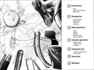 ~...... ~
'
•
~ Introduction
Why?
Drawing classification
Basic skills
Perspective
2p perspective
Step by step
Projection
Exercices
Basic geometry
Cube
Cilinder
Sphere
Rounded cube
Use of projection
Complex geometry
Muijiply I Grid
Axi-Symetrical
Freeform
Exploded view
Technical perspectives
Step by step
Exercices
~ Epilogue
 