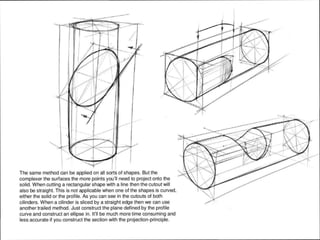 I
The same method can be applied on all sorts of shapes. But the
complexer the surfaces the more points you'll need to project onto the
solid. When cutting a rectangular shape with a line then the cutout will
also be straight. This is not applicable when one of the shapes is curved,
either the solid or the profile. As you can see in the cutouts of both
cilinders. When a cilinder is sliced by a straight edge then we can use
another trailed method. Just construct the plane defined by the profile
curve and construct an ellipse in. It'll be much more time consuming and
less accurate if you construct the section with the projection-principle.
 