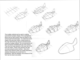 The multiply method can be used in creating
symmetrical complex shapes. First a perspective
grid is set up. Next contour lines are drawn in the
vertical and horizontal plane. To create the correct
shape of the top view outline, chosen points on
the near half of the top view are mirorred across
using the multiply-method. The mirrored points are
then connected completing the top view contour.
Then the front view-sections of the near half of the
form are drawn. These cross sections are also
mirrored using the same method.. Now all of
these cross sections make up a shape describing
skeleton that shows the correct form in
perspective. With this skeleton, the contours of the
form can be drawn accurately.
..
/
/
 